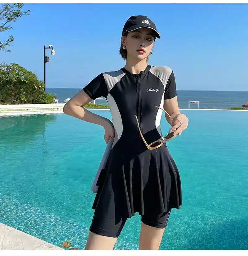 בגד ים שלם סגירת רוכסן שמלת מיני עם טייץ קצר - אריאל (משלוח חינם)