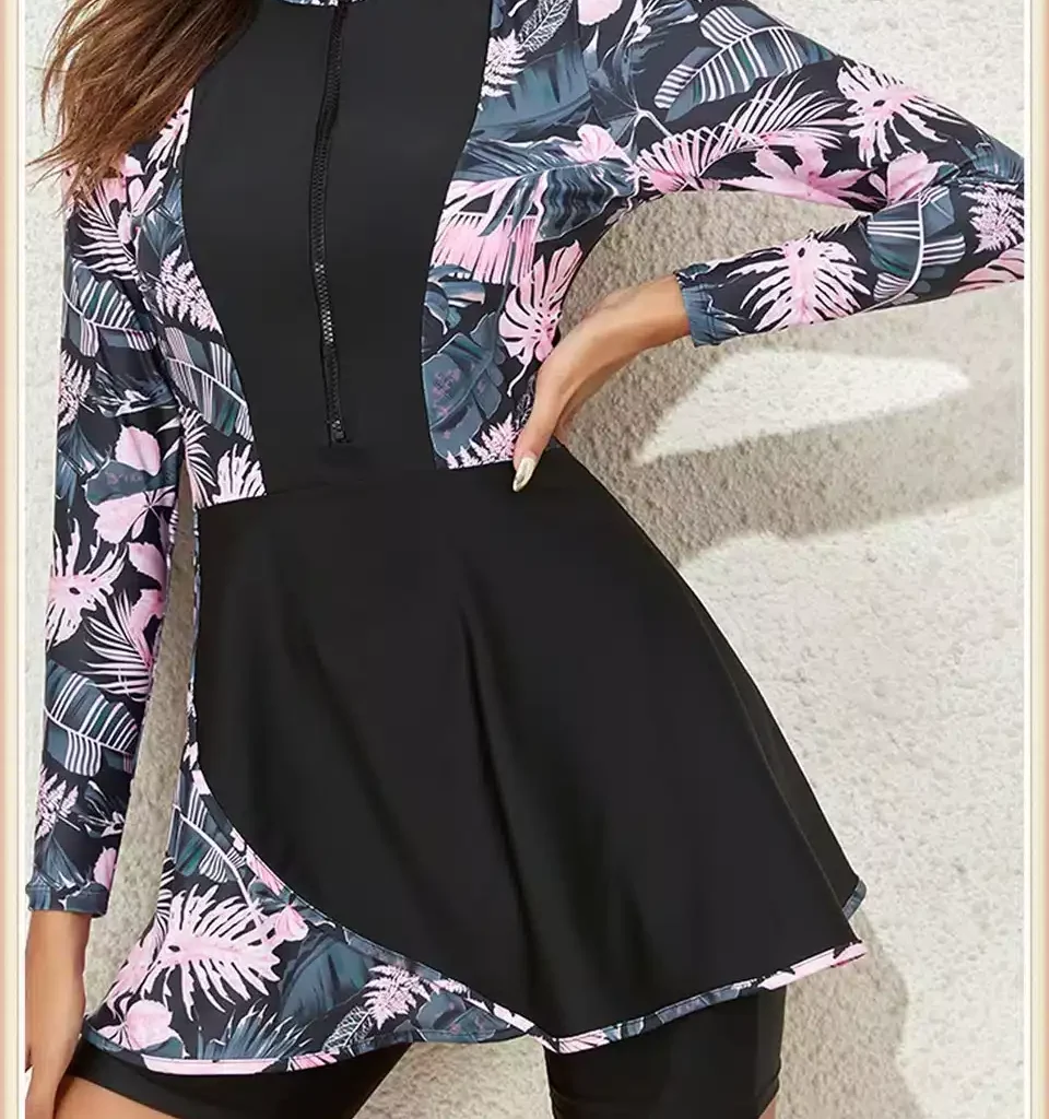 בגד ים פרחוני שלם סגירת רוכסן שמלת מיני שרוולים ארוכים עם טייץ קצר  - גאלה (משלוח חינם)