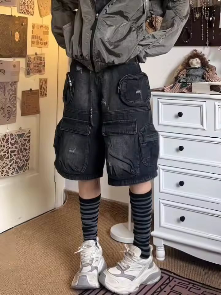 מכנסי ג'ינס קצרים בגזרה גבוהה עם כיסים מרובים בסגנון וינטג' (משלוח חינם)