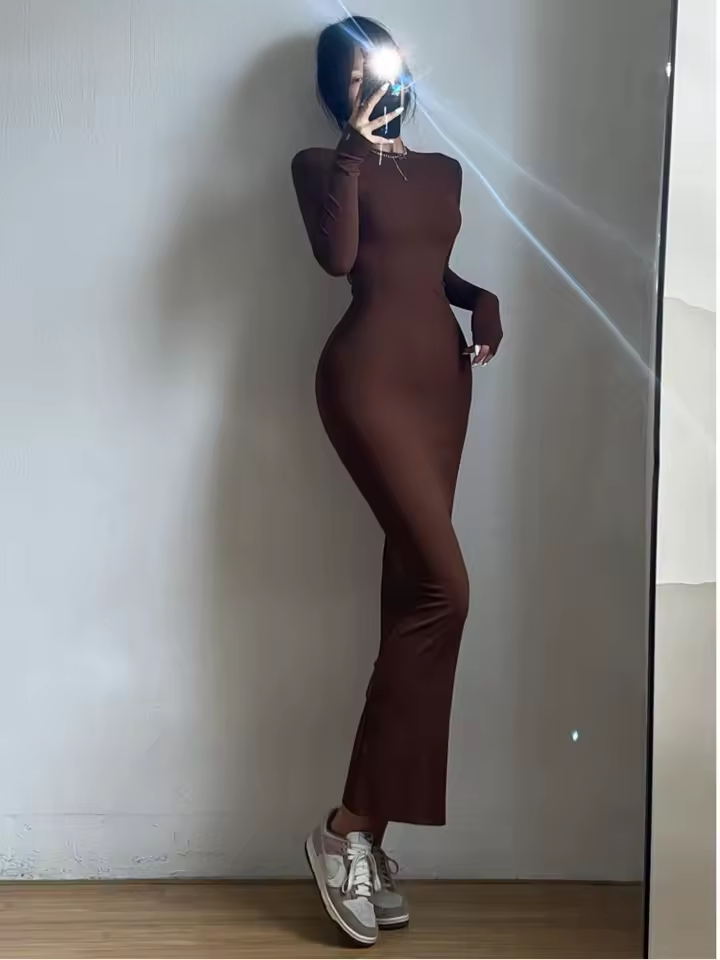 שמלת מקסי ארוכה ופשוטה עם צווארון עגול ושרוולים ארוכים לנשים (משלוח חינם)