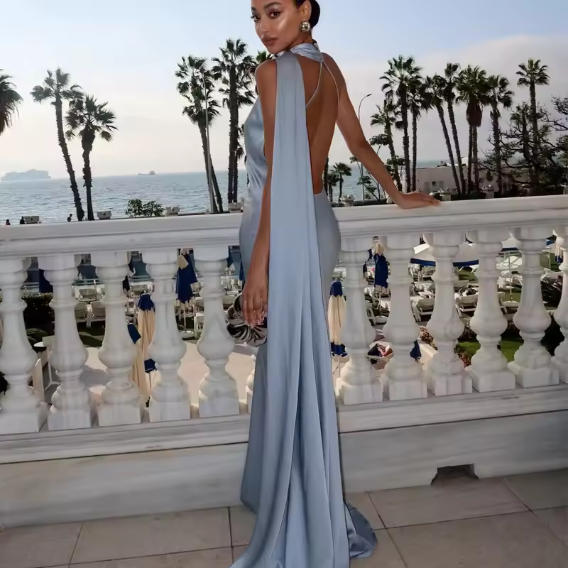 שמלת ערב אלגנטית עם סרטי סאטן וקולר לנשים (משלוח חינם)