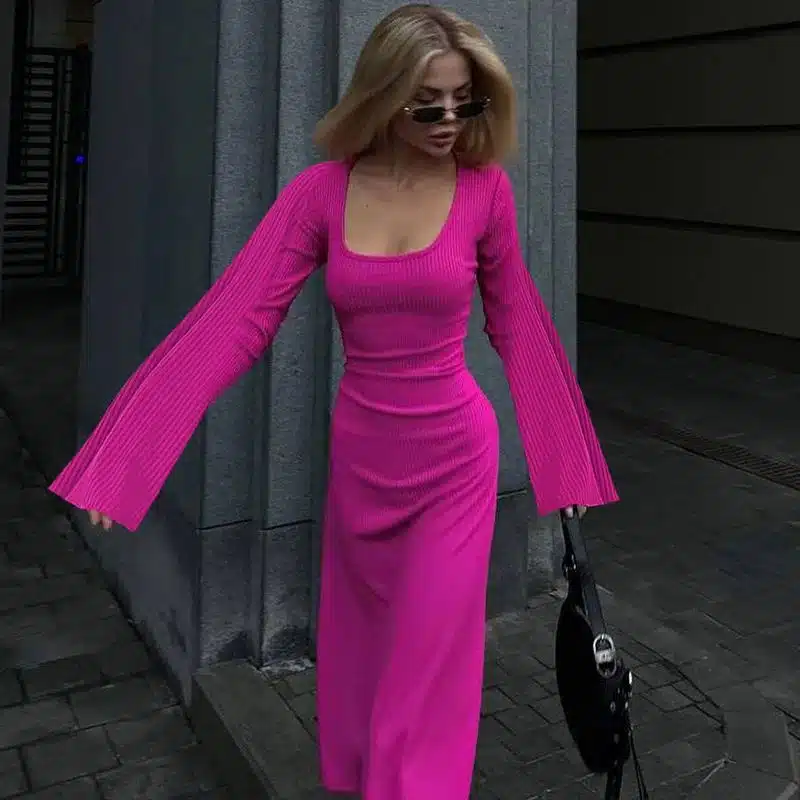 European American Fashion Autumn Loose U-neck Tie-back Long-sleeved Dress rose Red