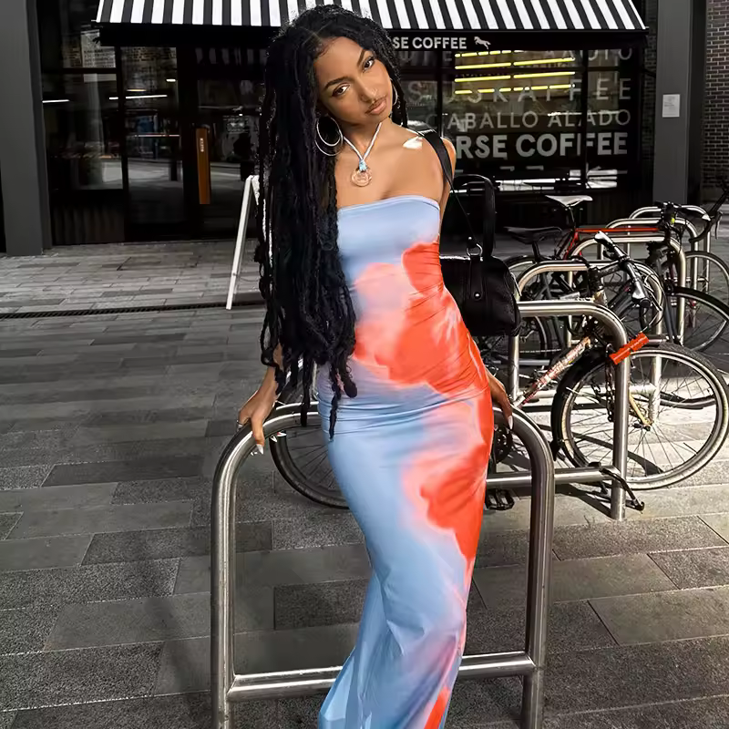 שמלת מקסי עם הדפס סטרפלס לנשים (משלוח חינם)