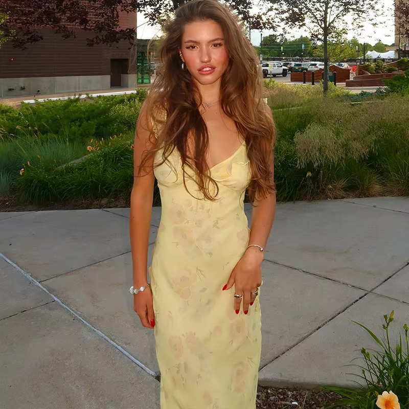 שמלת מקסי פלאנג' עם הדפס פרחוני קריפטוגרפי לקיץ, מחמיאה ומשגעת לנשים (משלוח חינם)