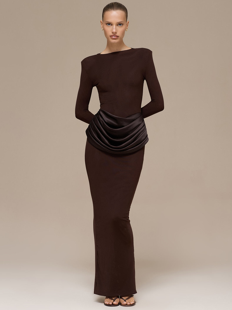 שמלת מקסי עם קפלים, שרוולים ארוכים ומותן גבוה לנשים (משלוח חינם)